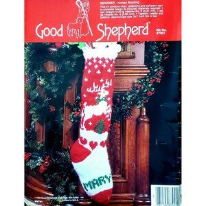 1986 Good Shepherd Christmas Stocking Knitting Reindeer Tree Knit Craft 87901VTG